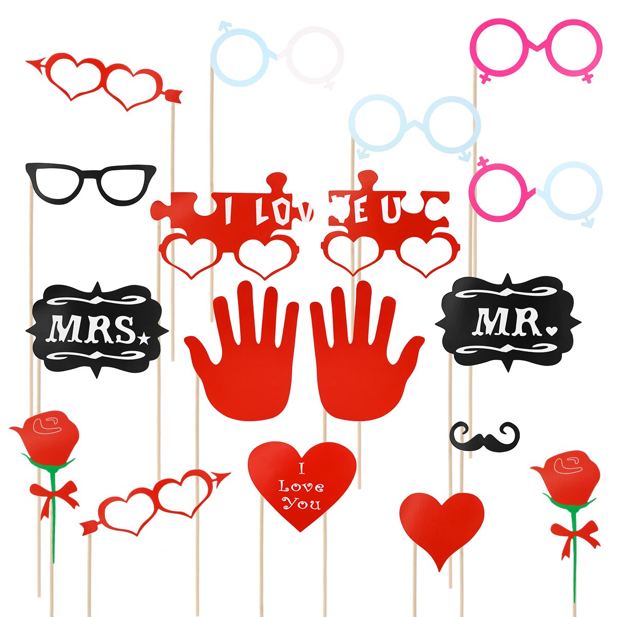 Accessoires pour stand de photos, 18 pièces, ensemble de mariage et signe à main pour mme, de mariage amusant avec bâtons en bois: Default Title