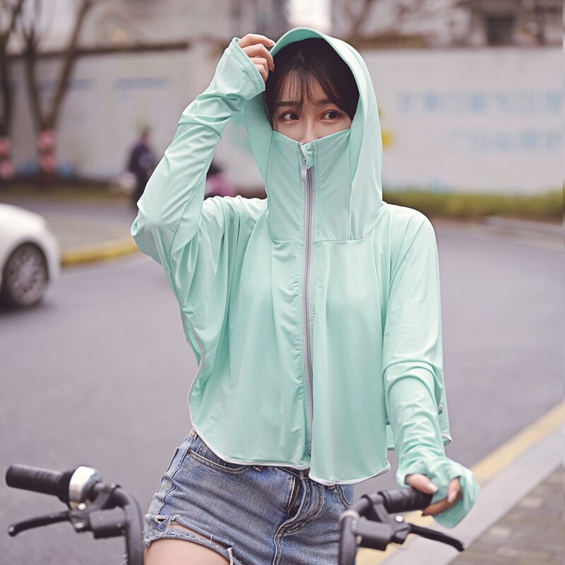Womens Hooded Sun-protective Coats Anti-UV Tops Short Cycling Riding Jacket Breathable Quick Cool Dry: light Green