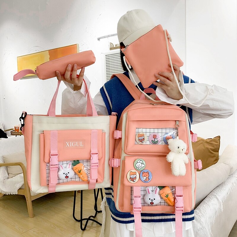 Zaino semplice Set da 4 pezzi zaino per scuola superiore borse per ragazza adolescente 2021 borse da viaggio in tela da donna zaino per studenti adolescenti: pink-set