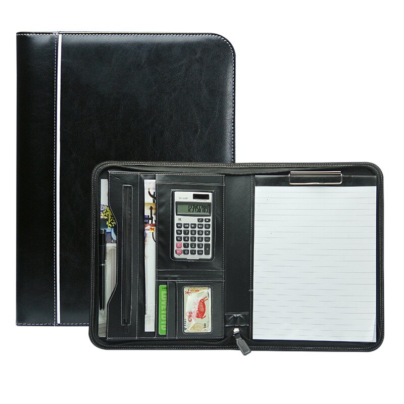 Multifunktionel personlig business lynlås padfolio mappe dokument taske organizer pu læder  a4 mappe mappe portefølje lommeregner