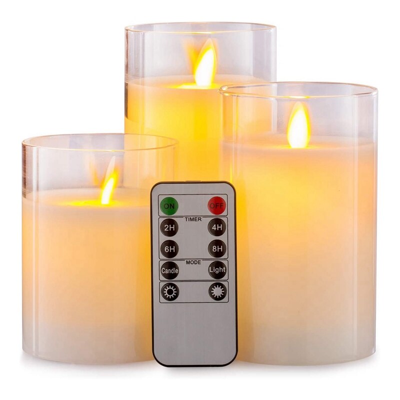 Set of 3 Remote control Battery operate Pillar Candles Paraffin Wax LED Glass Candle Dancing Swinging wick Home Bar Decoration: Clear