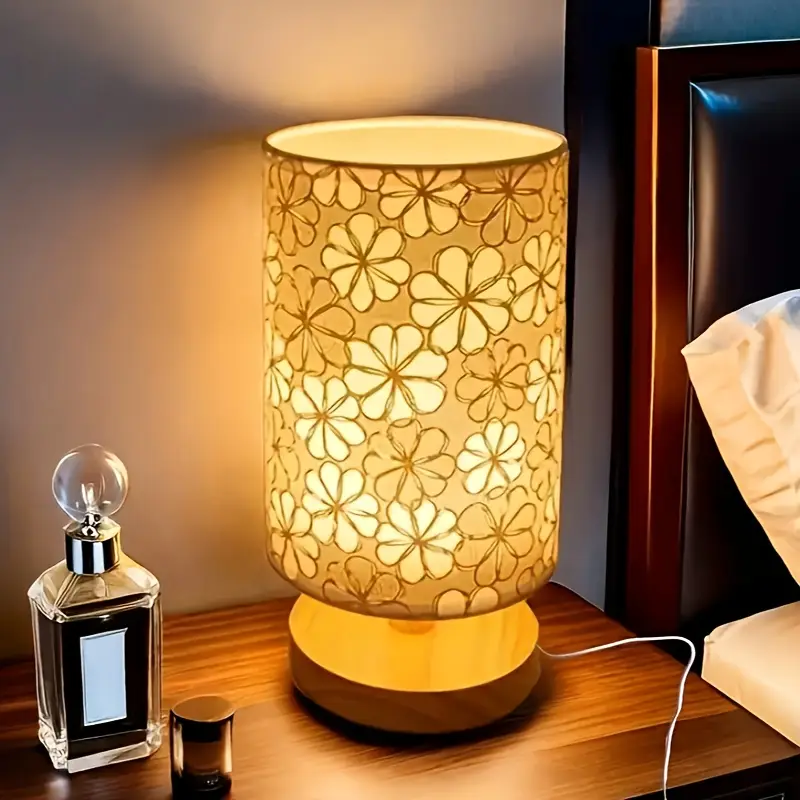 Lampada da tavolo semplice con copertura in tessuto, base in legno, alimentatore USB - luce tricolore per regali di studio in camera da letto