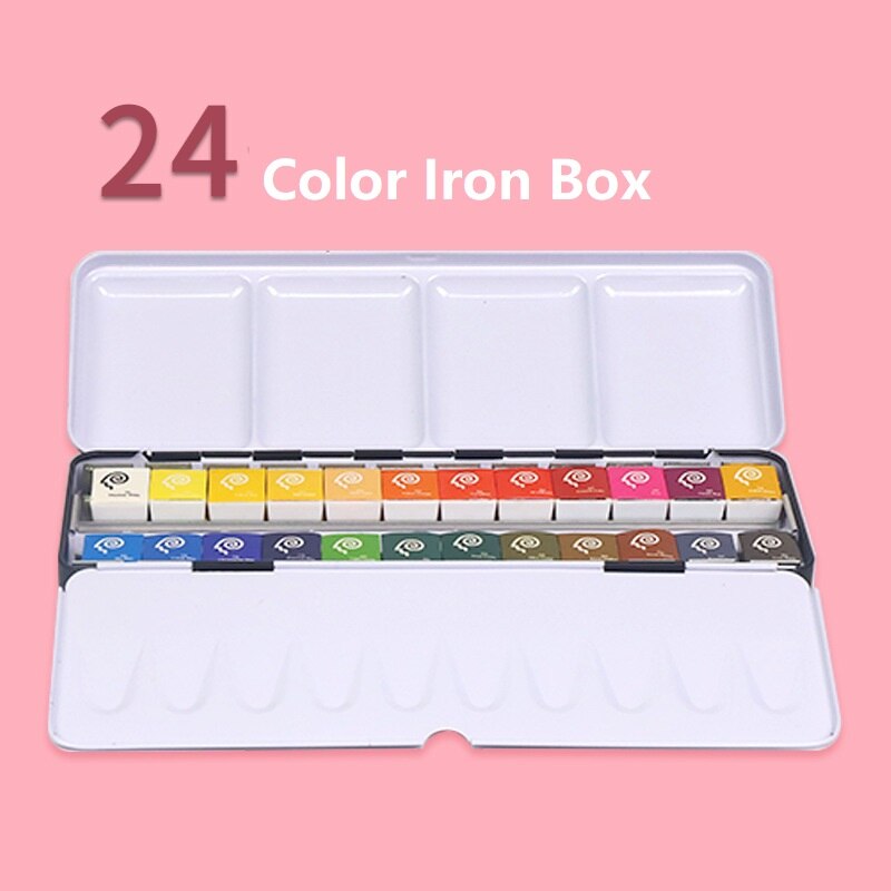 Geheugen 16/24/48 Kleuren Draagbare Reizen Solid Pigment Aquarel Verf Set Met Water Kleur Borstel Pen Voor Schilderen Art levert: 24 Color Iron Box
