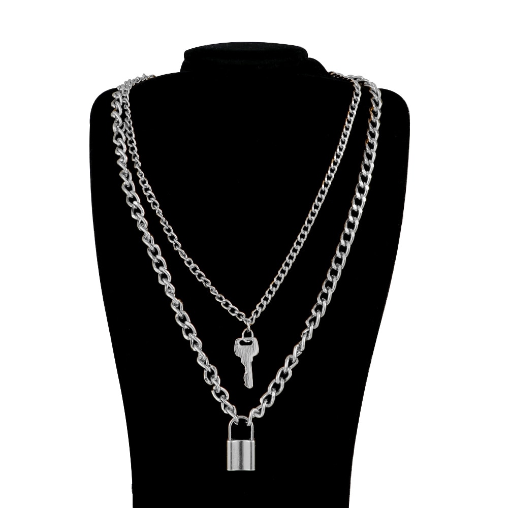 1Pcs Punk Jewelry Gold Silver Color PadLock Pendant Necklace Stainless Steel Rolo Cable Chain Necklace