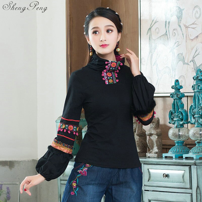 Top Cheongsam de manga larga para mujer, ropa tradicional china, talla grande 5XL, Camisa de algodón Vintage, blusa, Q663
