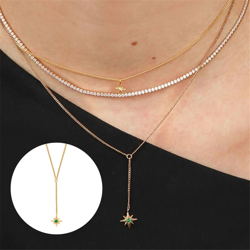 Aide 925 Sterling Zilver 18K Vergulde Hanger Ketting Koreaanse Stijl Delicate Lange Keten Zirkoon Star Charm Ketting Choker