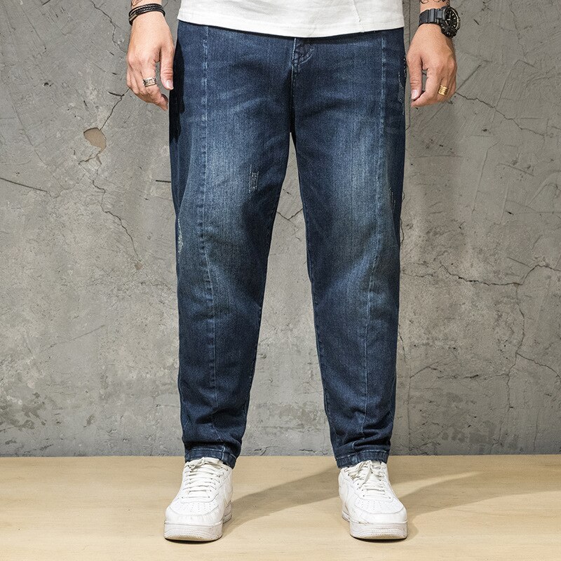 Plus size vægt 100kg mænds afslappede jeans bomuldsblandet strækstof plisseret udhuling udendørs gade fede mænd afslappet