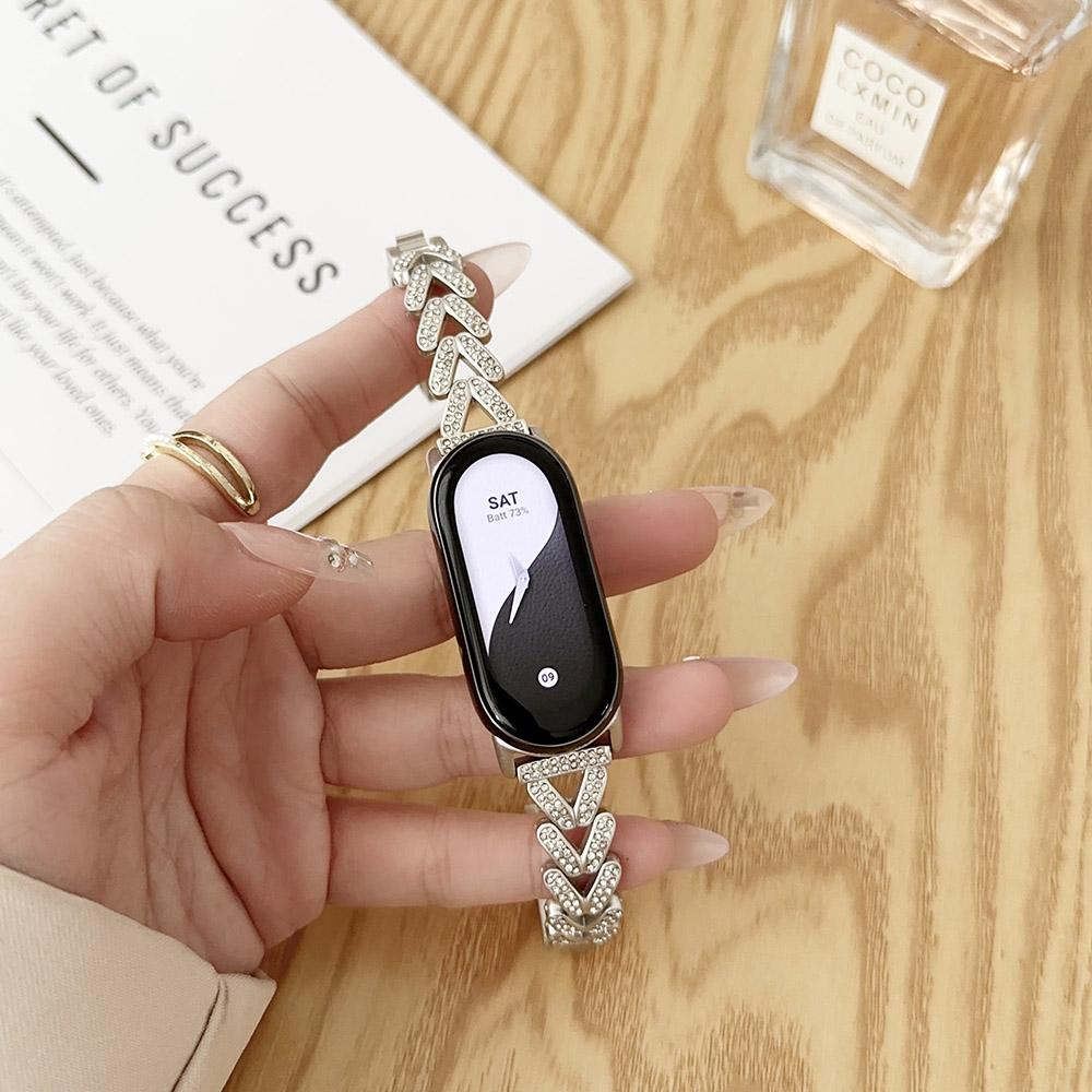 Mi band 8 bandes Bracelet pour Xiaomi mi band 9 Fitness Tracker métal réglable remplacement Bling Bracelet portable femmes: WHITE
