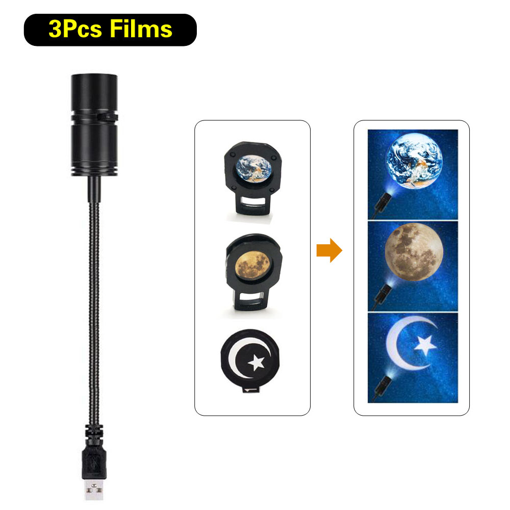 2 In 1 Aarde Maan Projectielamp Draaibare Bracket Reclame Verlichting Usb Led Night Light Voor Slaapkamer Bar Hotel Decor projector: 3PCS Films with lamp