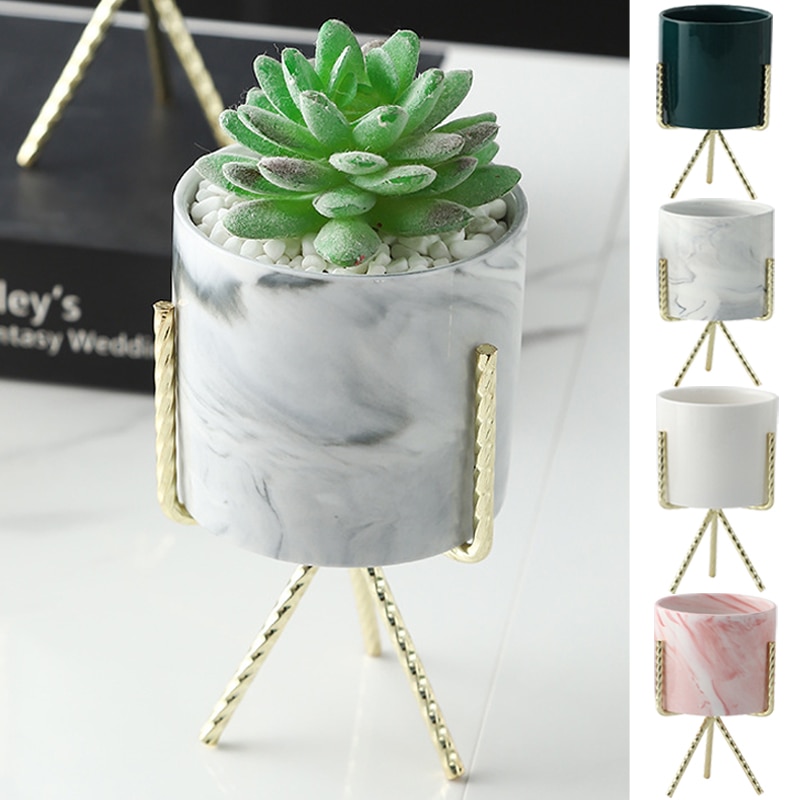 1 stuk scandinavische stijl marmeren keramiek ijzeren kunst vaas bloempot met ijzeren houder tafelblad huis bruiloft woonkamer decoratie