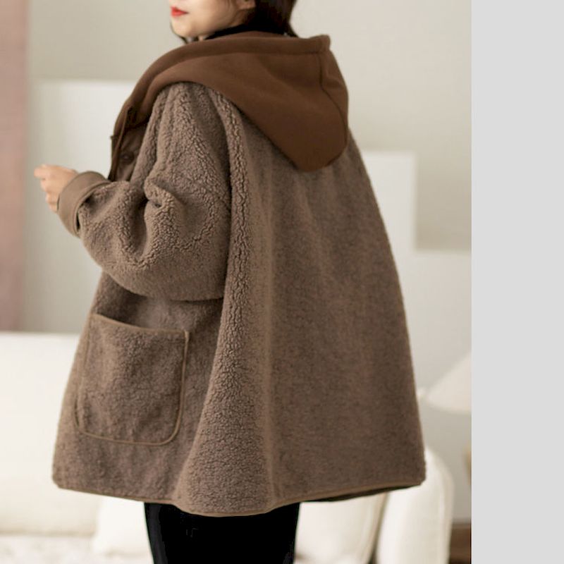 Lamswollen jas Dameshoodies Herfst Winter Mode stiksels Nep tweedelige hoodie Losse wilde grote wollen jas met capuchon