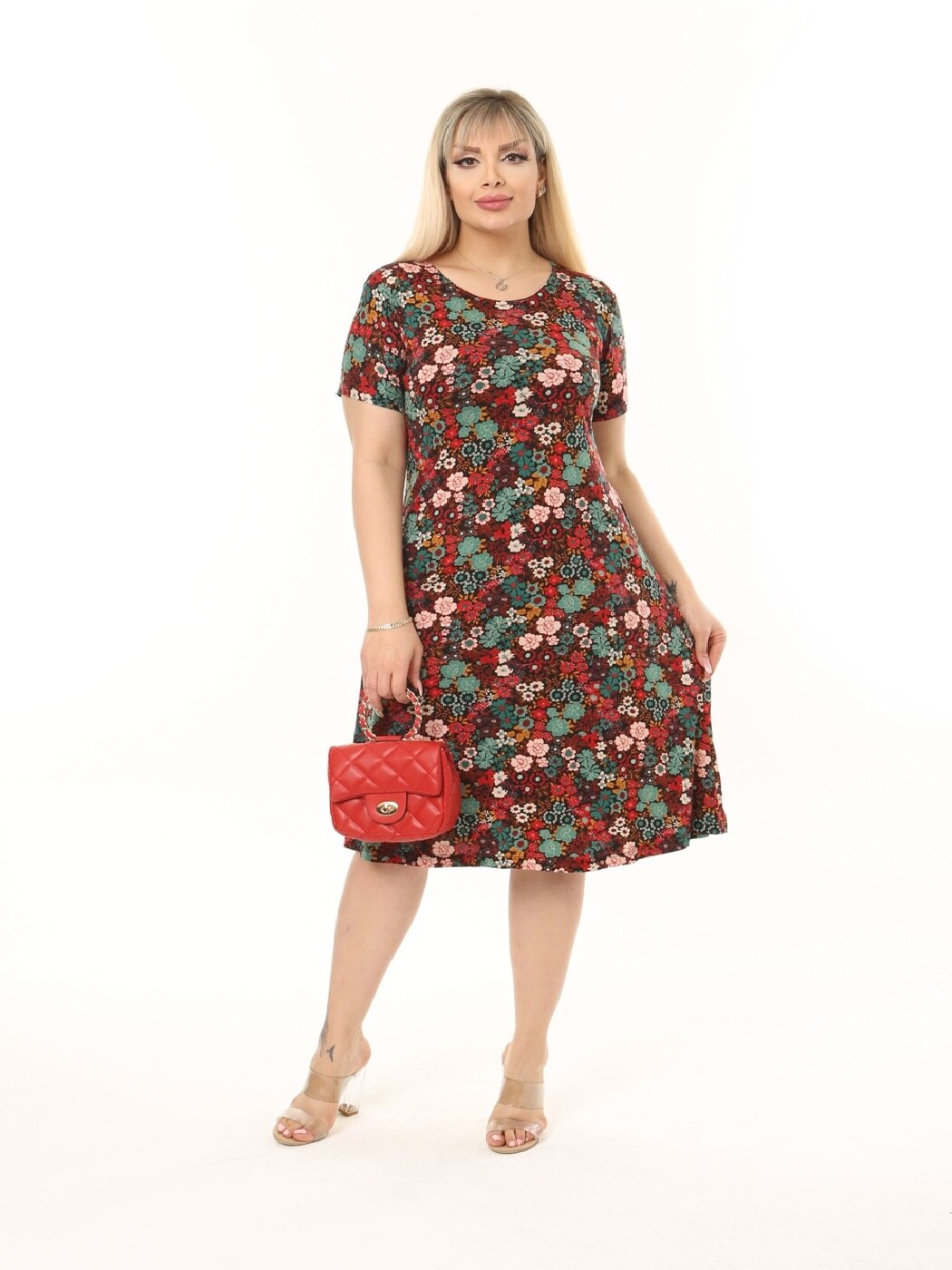 Vestido Midi informal de verano para mujer, ropa de LICRA hasta la rodilla con patrón de flores salvajes, tejido de viscosa, hecho en Turquía, 2022
