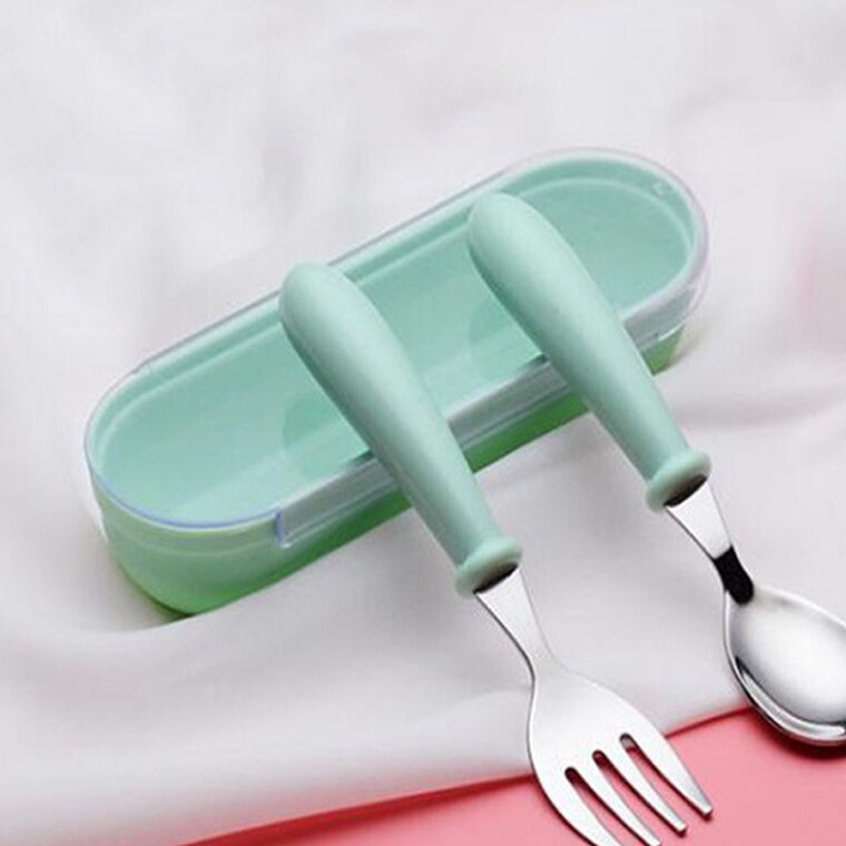 Baby Gadgets Tableware Set Children Utensil Stainless Steel Toddler Dinnerware Cutlery Cartoon Infant Food Feeding Spoon Fork: Green Type 1