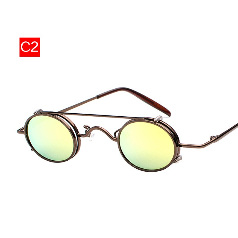 Oulylan kleine ronde steampunk zonnebril voor heren, retro vintage metal punk clip-on zonnebril voor heren, kleine ovale bril  uv400: C2