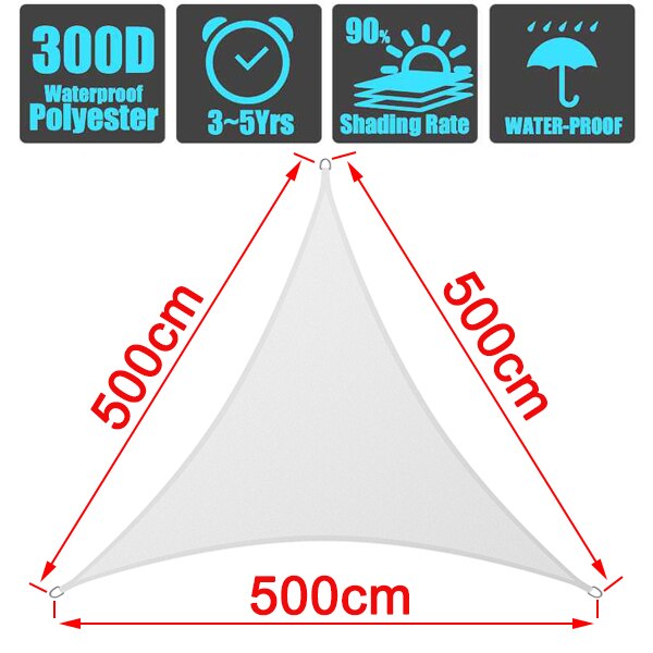 White outdoor Triangle Sunshade Waterproof Sun Shelter awnings Protection Outdoor Canopy Garden Patio Pool Shade Sail Awning: 500cmx500cmx500cm