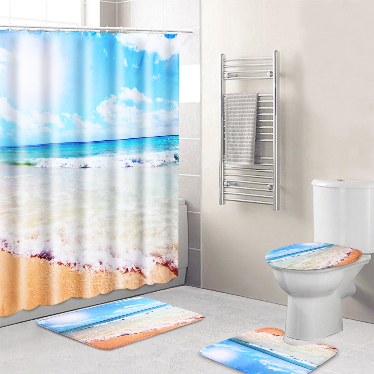 Coastal Strand Landschap Gedrukt Patroon Douchegordijn Voetstuk Tapijt Deksel Wc Cover Mat Badmat Set Badkamer Gordijnen Met Haken: E 4PCS