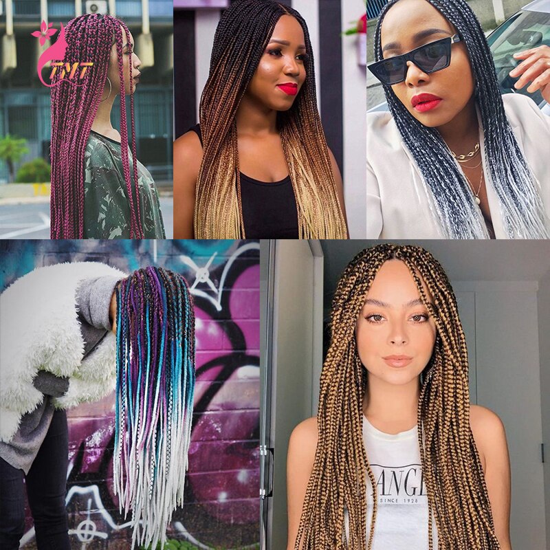 TMT 24Inch Crochet Hair Box Braids Long Purple Ombre Braiding Hair 10Strands Synthetic Rainbow Crochet Braids Hair for Women