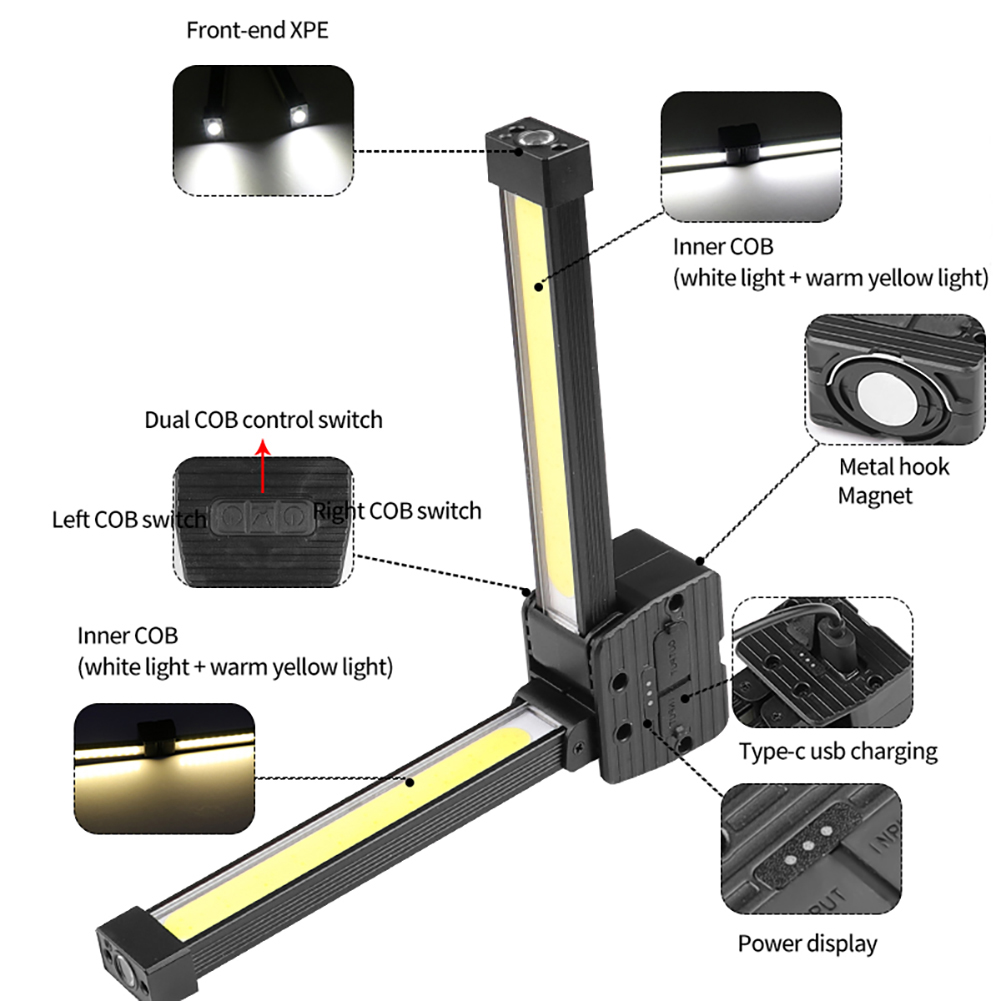 Cob led-lommelygte bærbar usb-genopladelig bilarbejdslampe magnetisk lommelygte hængende kroglampe til reparation campinglanterne