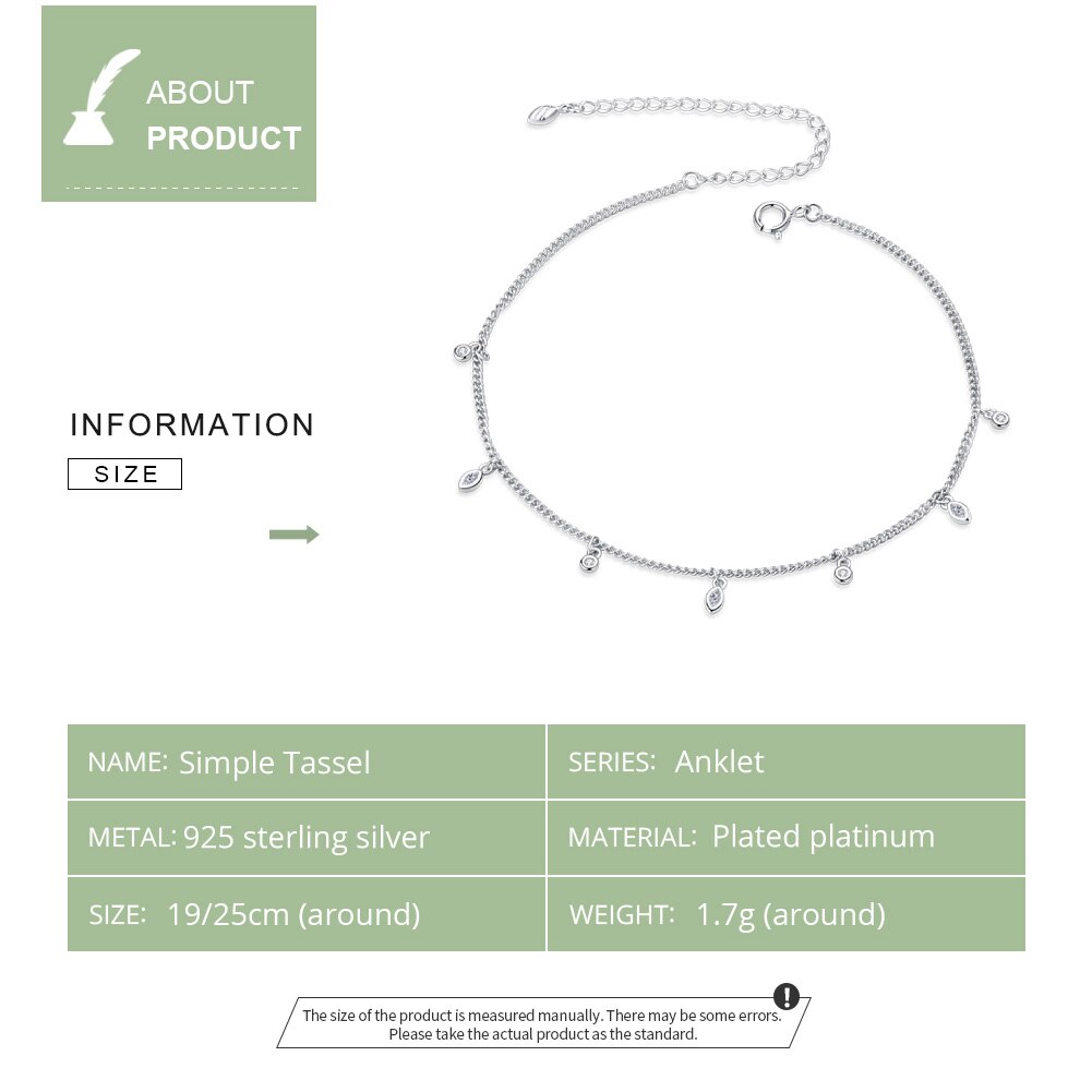 Tobilleras BISAER, tobilleras de Plata de Ley 925 con borla Simple, cadena de circón brillante, tobilleras para mujer, para pierna eslabones de cadena, joyería fina
