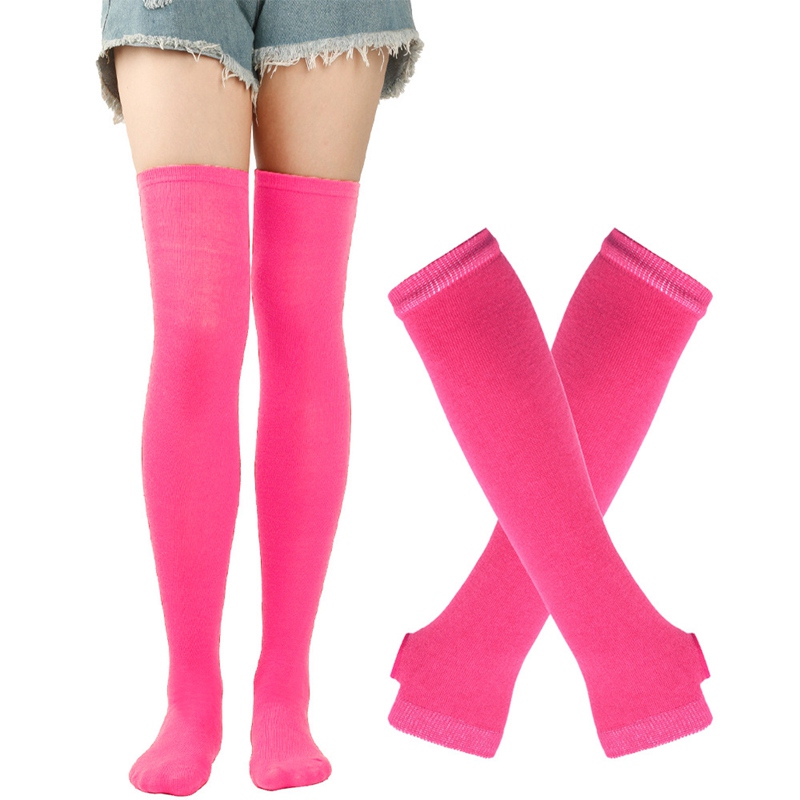 1 Set Women Gothic Punk Over Knee Long Stripe Socks Arm Sleeve Gloves for Girl Thigh High Cotton Socks Sweet Cute Christmas: Watermelon red