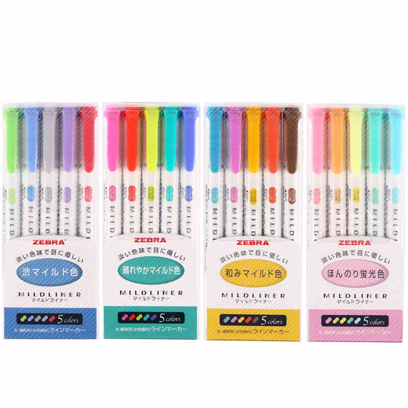 5pcs/set Japanese Zebra Mild Liner Double Headed Highlighter Pen Drawing Marker Pens Zebra Mildliner Scribble Stationery