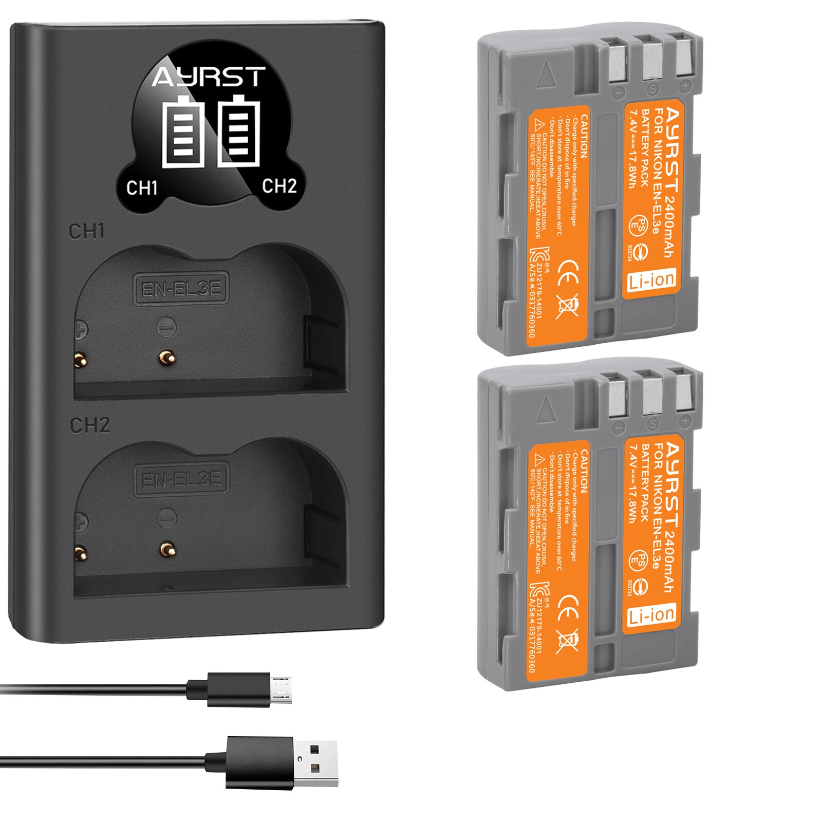 2Pcs 2400mAh EN-EL3e EN EL3e ENEL3e EL3E Batteries and Charger For Nikon D30 D50 D70 D70S D90 D80 D100 D200 D300 D300S Battery: 2batteryand1charger