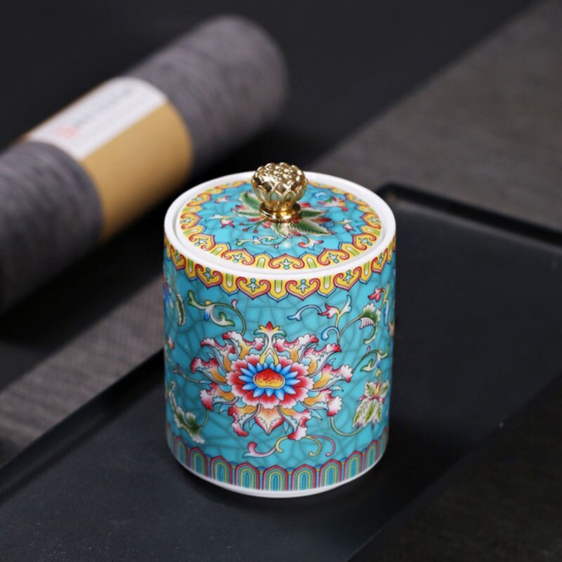 Ceramic Floral Pattern Tea Caddy Tea Box Enamel Sealed Storage Jar Tea Can Puer Container Teaware Home Decor: light blue