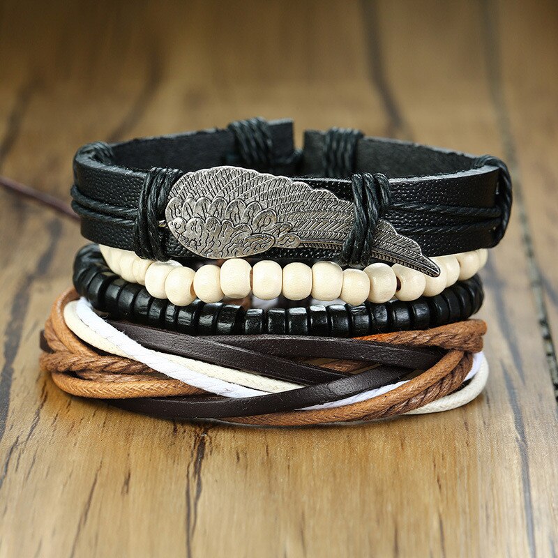 ZORCVENS 4 pieces/ Set Leather Bracelets for Men Braided Rope Wristband Vintage Style Male Bangle: 83400