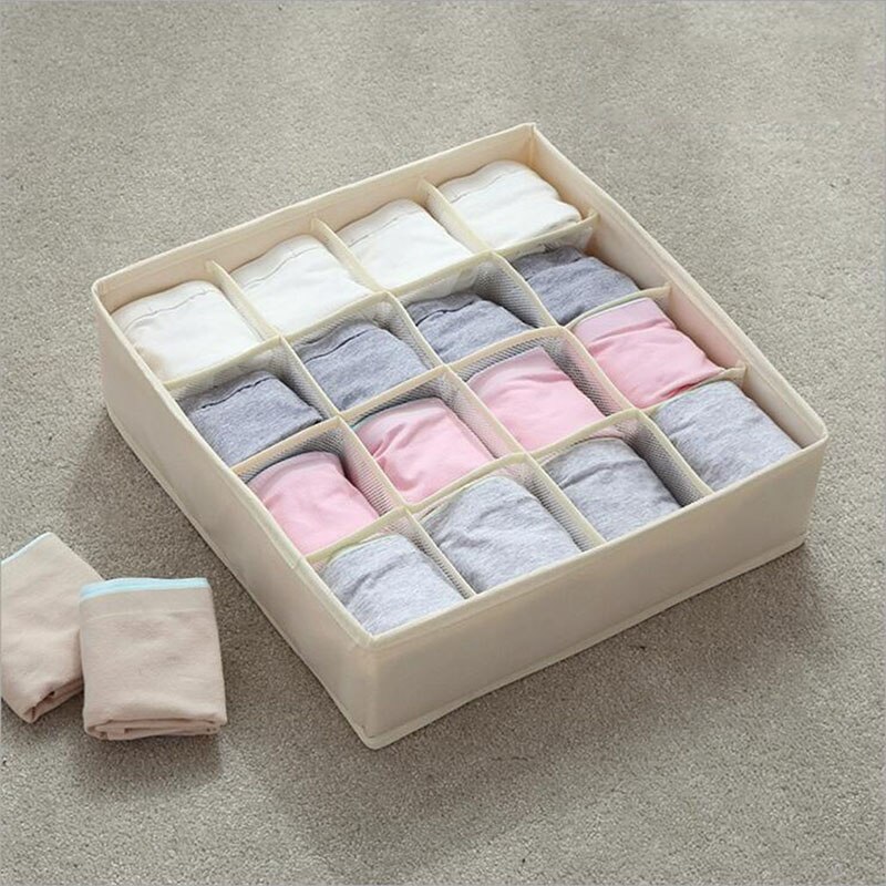 Sovesal skab arrangør til sokker hjem adskilt undertøj opbevaringsboks bh arrangør foldbar skuffe arrangør: Beige 16 gitre