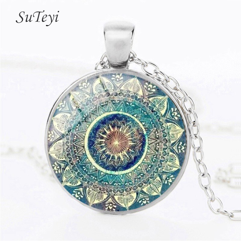 Collana Mandala verde Vintage collana con pendente in vetro di loto con geometria sacra retrò per donna uomo gioielli Boho