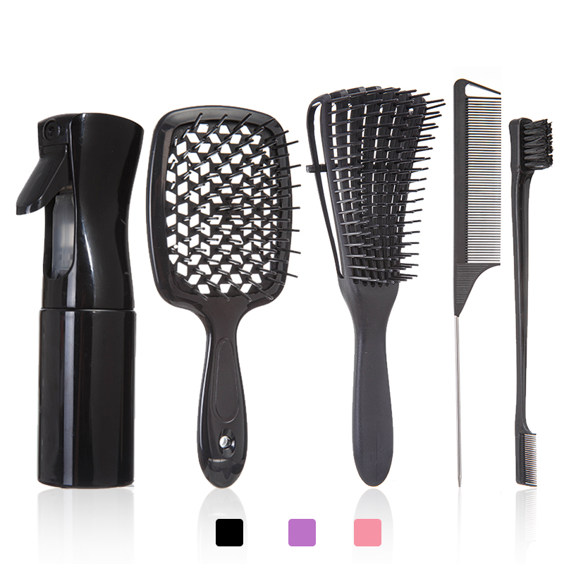 5 unids/set cepillo para desenredar el cabello, cepillo para peluca rosa, peine de cola de rata curvada, cepillo para el cabello con borde, cepillo para el cabello rizado, suministros de peluquería: Negro