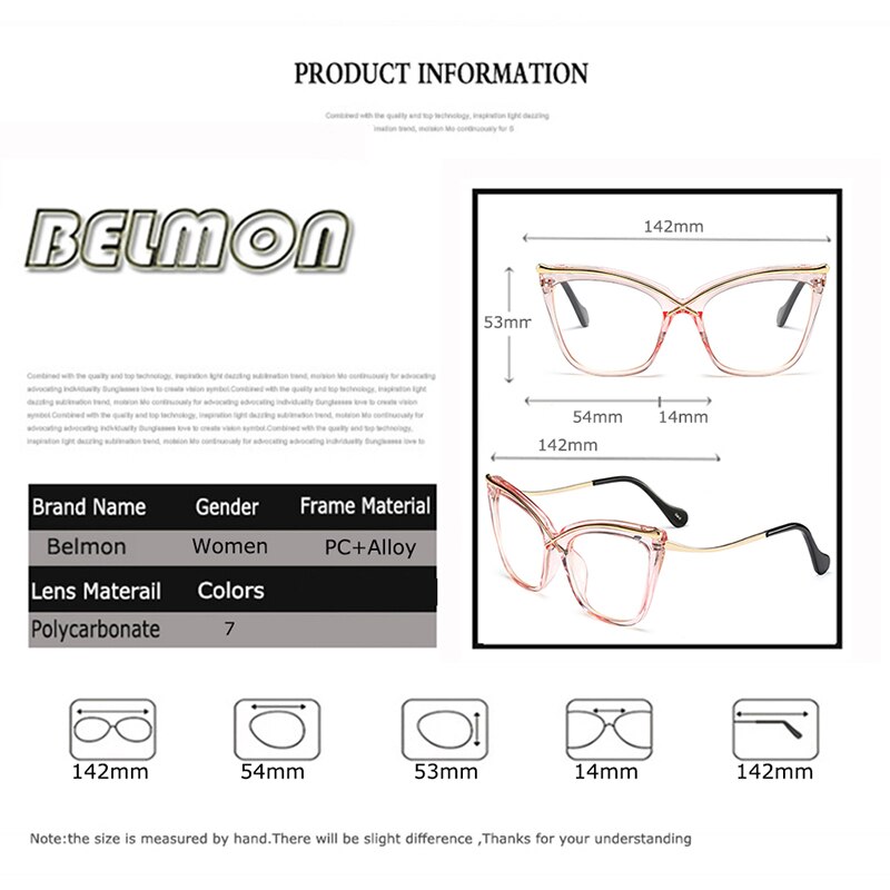 Belrayon óculos de olho de gato, armação feminina para óculos de computador, armação de óculos para miopia, lentes transparentes feminina rs262