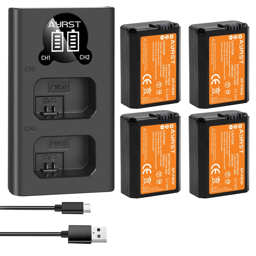 2000mah NP-FW50 NP FW50 Batterie Per Foto/Videocamera + Doppio LED Del caricatore DEL USB PER Sony Alpha a6300 a6500 a7 7R a7R a7R II a7II NEX-3 a7S NEX-7: 4Batteryand1charger