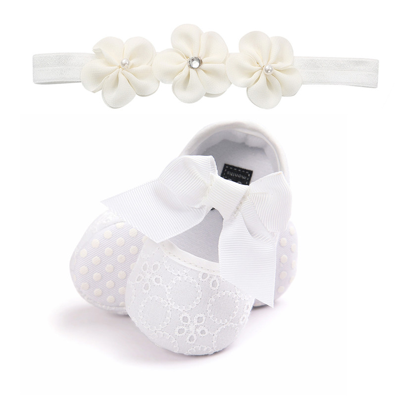 Babysko hvid 3 blomster blonde pandebånd baby nyfødt småbørn pige krybbe sløjfe sko barnevogn first walker anti-skrid sneakers blød sål