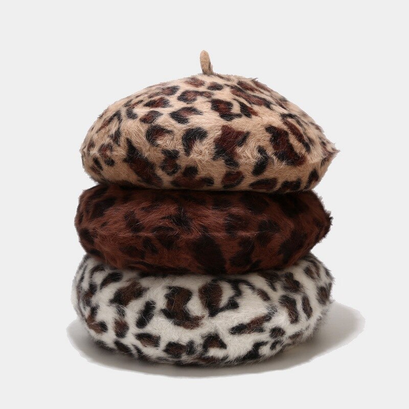 Boinas de leopardo con pelo de conejo peludo para mujer, sombreros de punto con estampado de animales, cálidos y acogedores, novedad, , invierno,