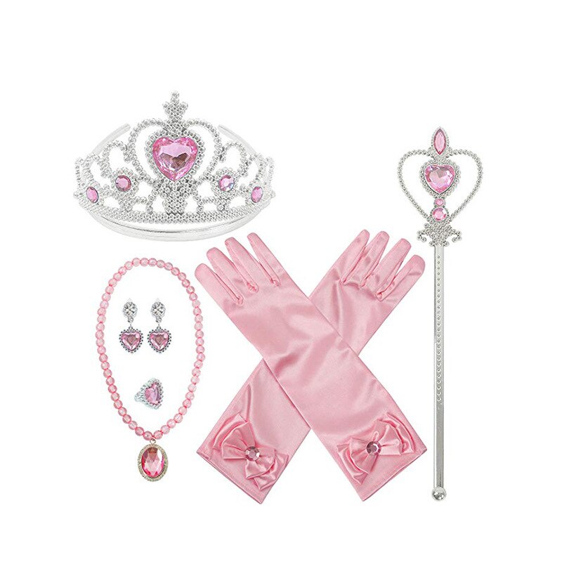 7 stk/parti piger tilbehør prinsesse elza dress up piger legetøj krone halskæde ring ørering stav handsker børn smykkesæt