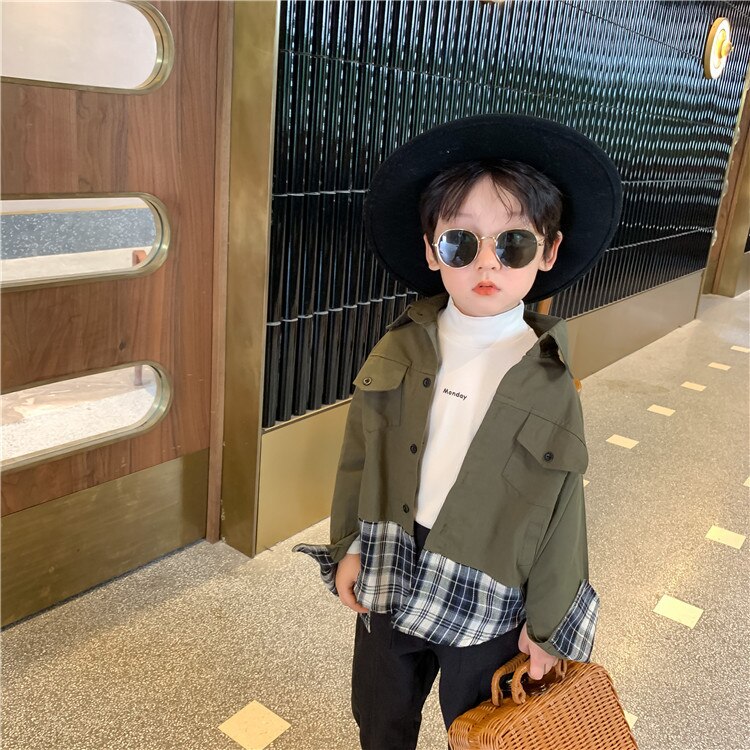 Kinderen Stiksels Shirt Jasje Herfst Jongens En Meisjes Lange Mouwen Casual Plaid Casual Blouses Peuter Kids Katoenen Kleding: army green / 140cm