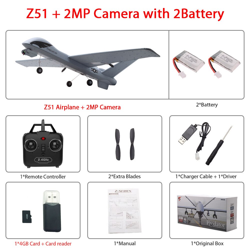 RC Airplane Plane Z51 with 2MP HD Camera or No Camera 20 Minutes Fligt Time Gliders With LED Hand Throwing Wingspan Foam Plane