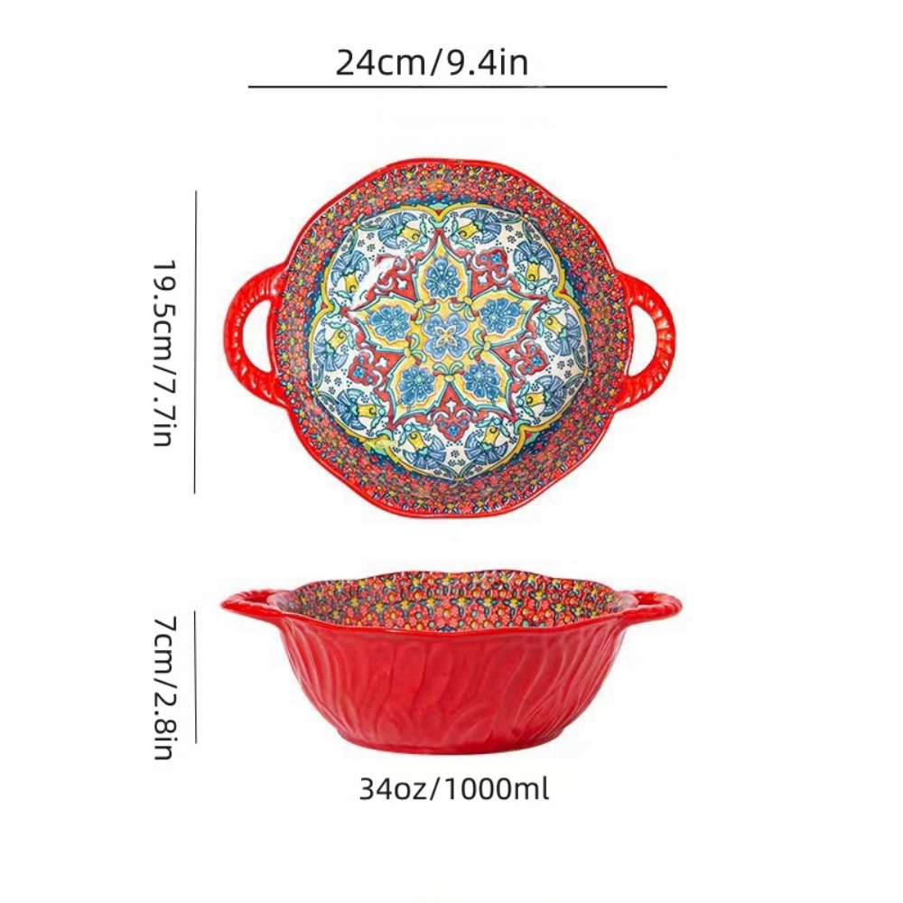 Tigela de sopa de cerâmica estilo boêmio com alça, design seguro para micro-ondas em relevo, ótimo para servir sopa, saladas, macarrão ramen: Vermelho