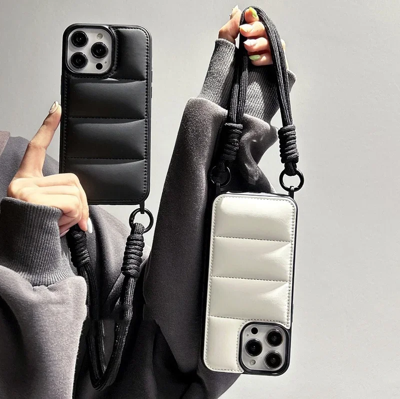 Ædel silikone med snor i dunjakke i ensfarvet blødt cover til iphone 16 15 plus 14 13 12 pro max 11 bærbart cover med kort reb