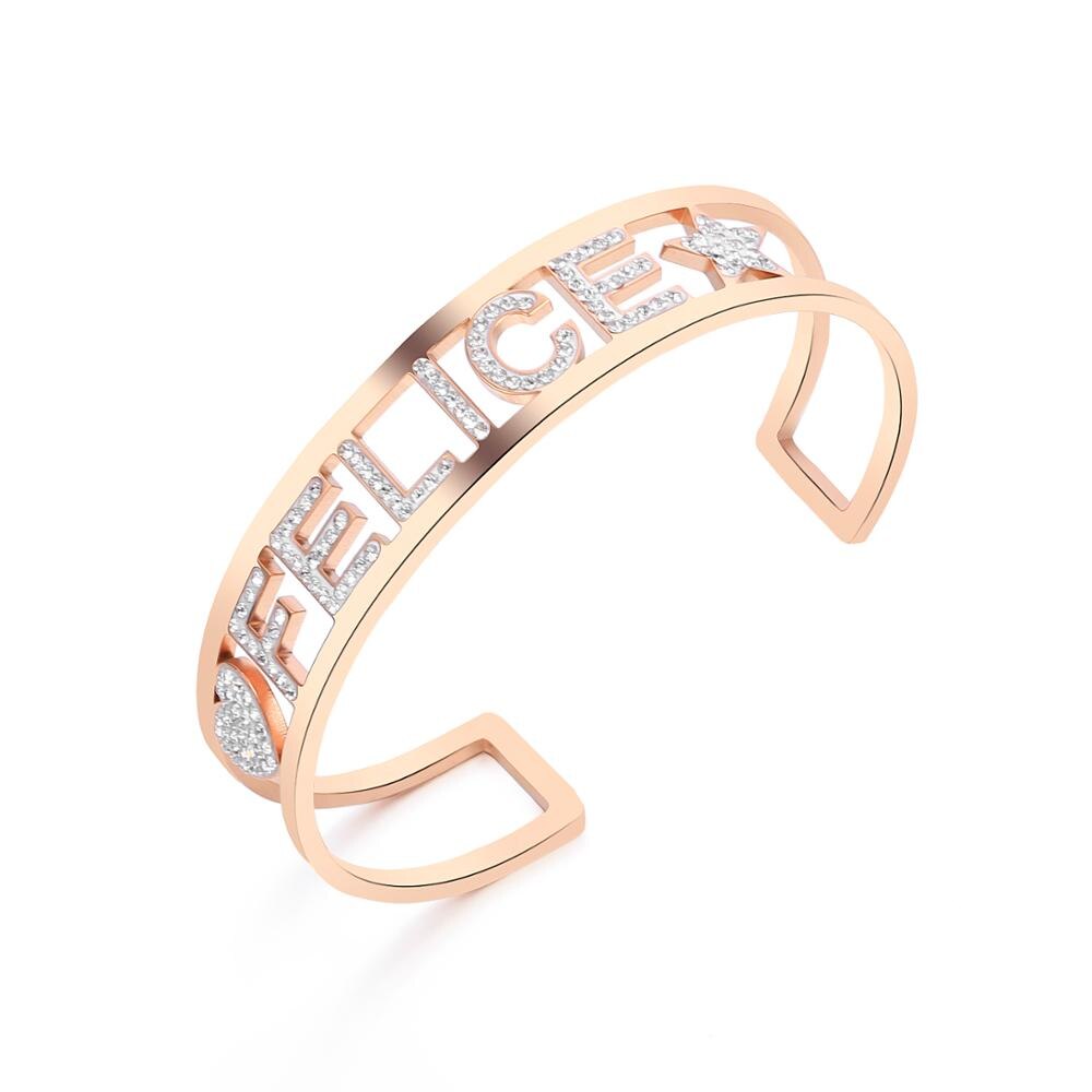 Hohl Bunte edelstahl FELICE knapp Manschette Armbinde Armreif Kristall Rose Gold Glücklich Armreif Für Frauen modisch Schmuck: klar-Rose