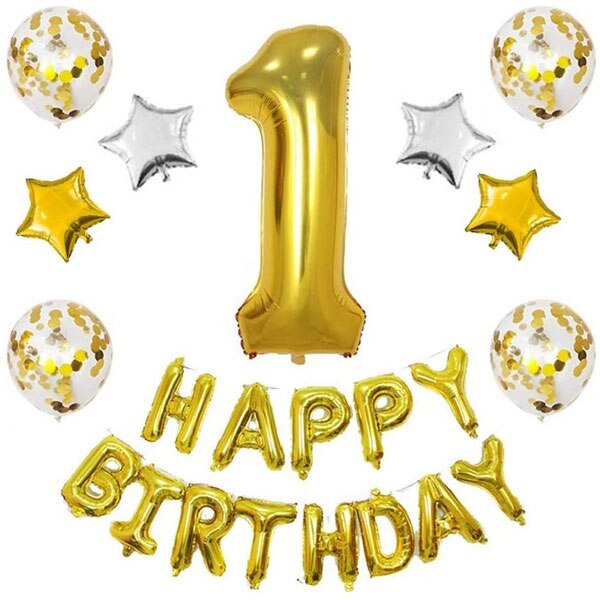 1st Birthday Boy Decoration Set,Number 1 Mylar Balloons Baby First Birthday Decoration with Happy Birthday Banner, Birthday Gold: 1