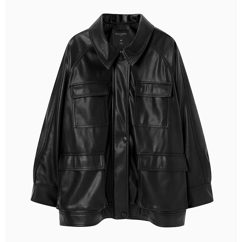Nerazzurri forårsjakker i imiteret læder til kvinder med nedslået krave lange ærmer oversize plus size pu frakke med mange lommer 4xl 5xl: S