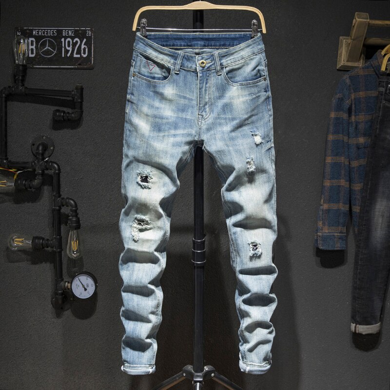 Ripped Jeans For Men Slim Fit Retro Blue Stretch Streetwear Hip Hop Patchwork Jeans Torn Men&#39;s Motorcycle Pants Male Biker Jeans