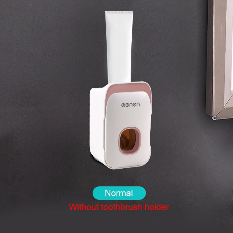 Automatic Toothpaste Dispenser Wall Mount Toothbrush Rack Toothbrush Holder Dust-proof Toothpaste Squeezer Bathroom Accessories: pink