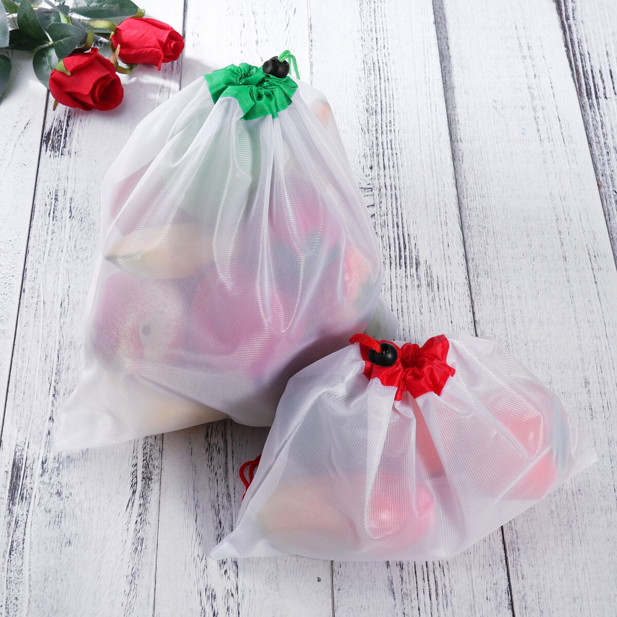 12 Pcs Herbruikbare Mesh Bags Wasbare Voor Kruidenier Opslag Fruit Groente Drie Grote 12x17in Zes Medium 12x14in Drie Kleine 12x8in