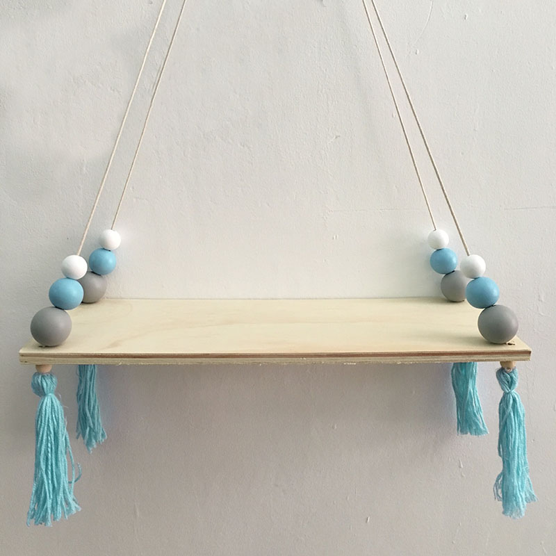 Scandinavische stijl houten kralen kwastjes opbergrek muur touw hangende plank voor decoratie van slaapkamer woonkamer display stand: A