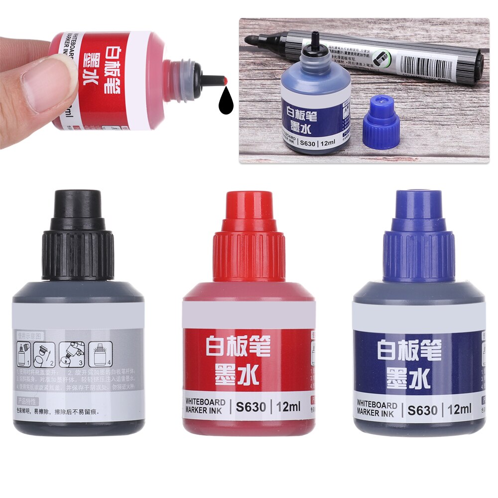 1Pc 12Ml Whiteboard Marker Pen Refill Inkt Zwart Rood Blauw 3 Kleuren Direct Droog Uitwisbare Inkt Vullingen Tool school Kantoorbenodigdheden