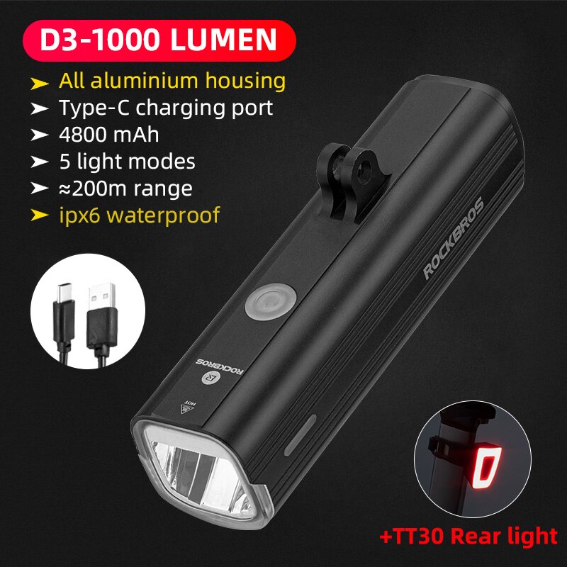 Rockbros cykellygte til gopro holder igs lysholder 1000 lumen cykellygte 4800 mah cykel forlygte flash cykellygter: D3-1000 tt