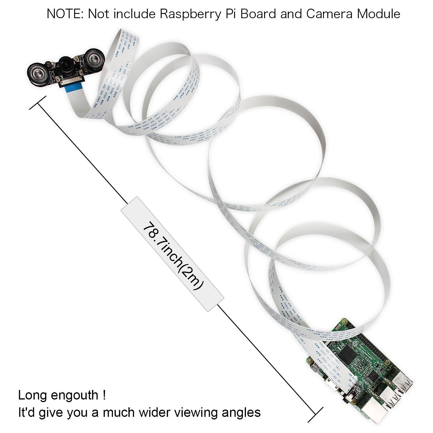 Flex Ribbon Cable For Raspberry Pi Camera- 78&quot; 200cm 15 Pin 1.0mm Pitch Camera Cable for Raspberry pi 2 3 B b+